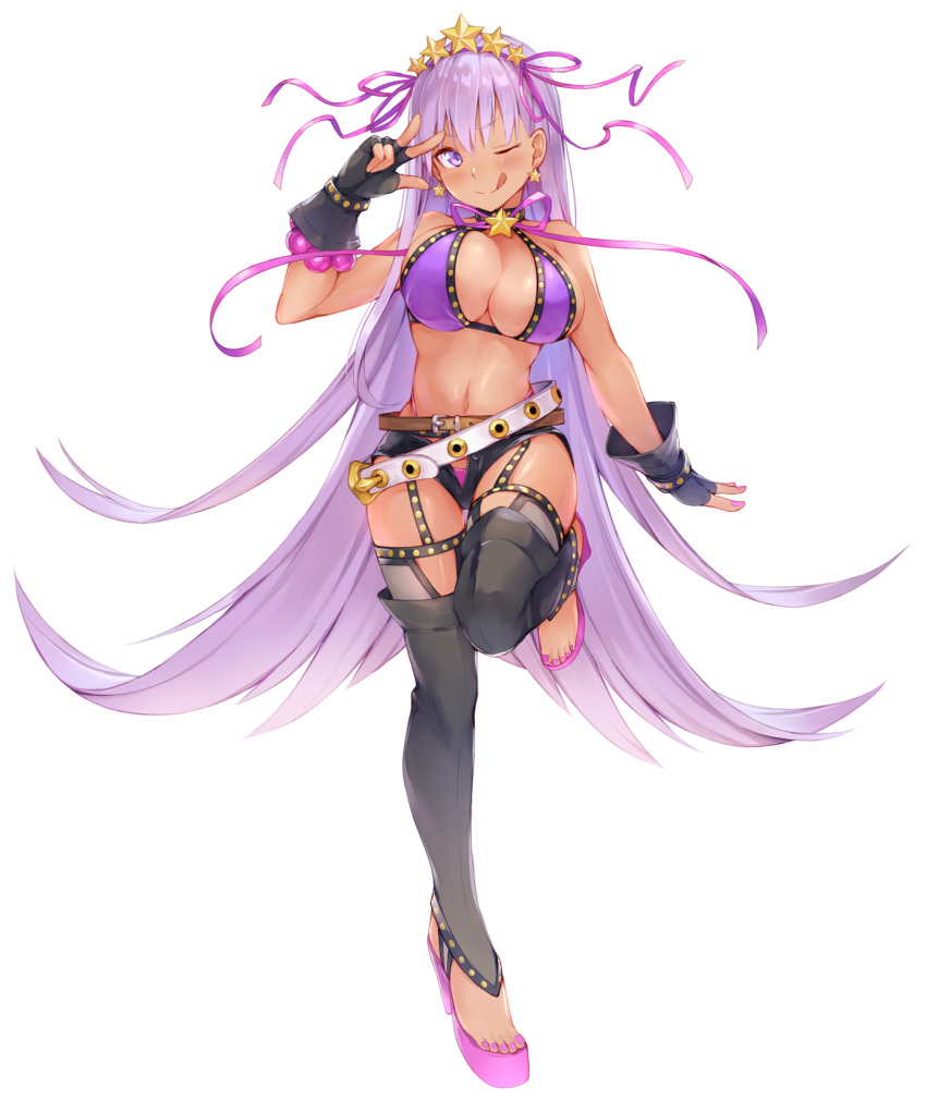 :q bb_(fate)_(all) bb_(fate/extra_ccc) bb_(swimsuit_mooncancer)_(fate) bikini black_gloves black_legwear black_shorts bracelet breasts earrings eyebrows_visible_through_hair fate/grand_order fate_(series) feet fingerless_gloves full_body fumikiri gloves hair_ribbon hairband hand_up high_heels highres jewelry large_breasts long_hair looking_at_viewer micro_shorts nail_polish one_eye_closed pink_footwear platform_footwear purple_bikini purple_eyes purple_hair purple_ribbon ribbon shorts simple_background solo standing standing_on_one_leg star star_earrings stirrup_legwear swimsuit thighhighs toeless_legwear toenail_polish toenails toes tongue tongue_out very_long_hair w white_background