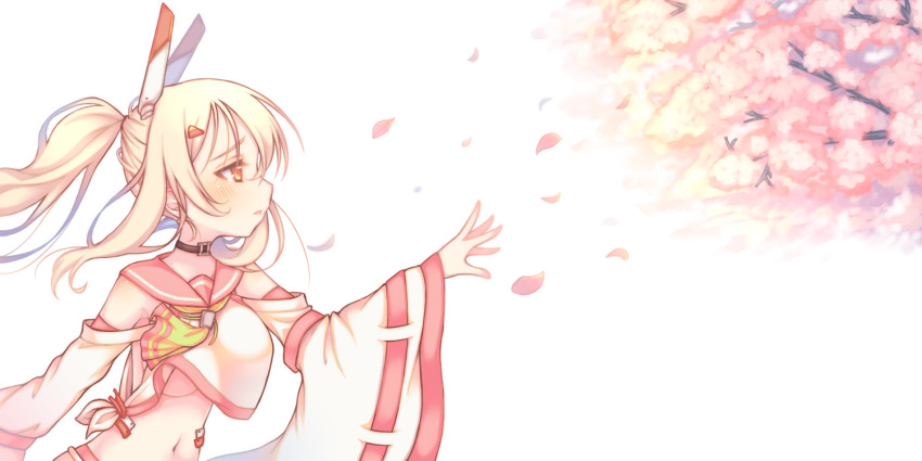 1girl ascot ayanami_(azur_lane) azur_lane bangs blonde_hair blush breasts cherry_blossoms commentary_request crop_top detached_sleeves eyebrows_visible_through_hair flower hair_between_eyes hair_ornament hairclip headgear long_hair long_sleeves looking_away medium_breasts navel parted_lips petals pink_flower pink_sailor_collar ponytail profile sailor_collar sakurato_ototo_shizuku shirt sidelocks sleeveless sleeveless_shirt sleeves_past_wrists solo tree_branch underboob white_shirt wide_sleeves yellow_neckwear