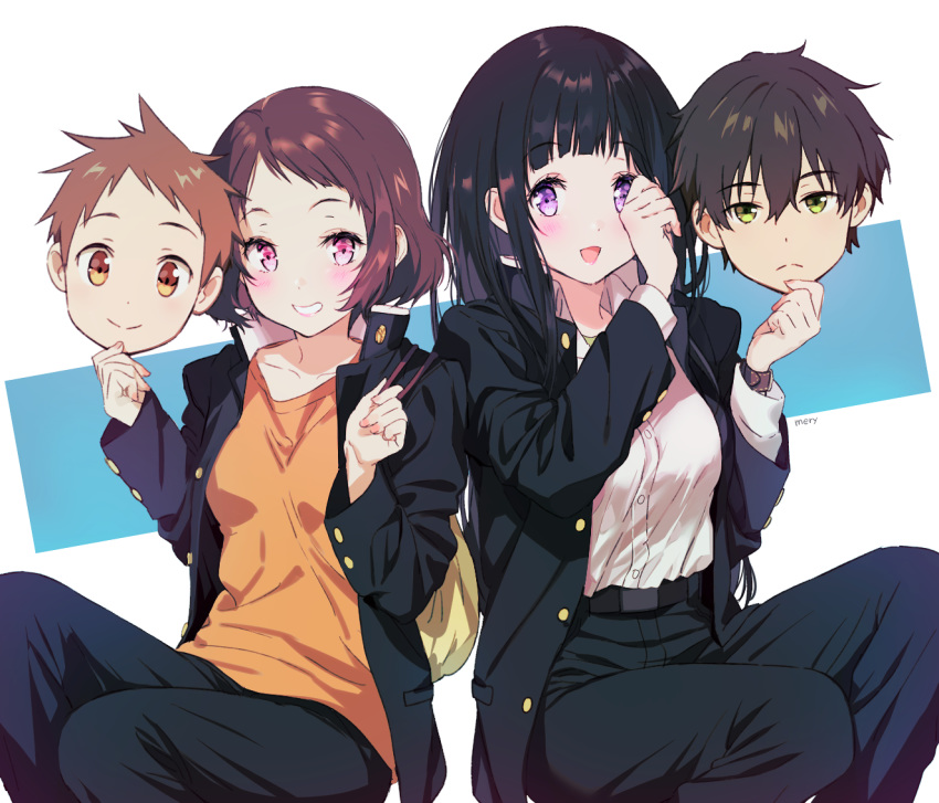 2girls black_hair black_pants blush brown_hair character_mask chitanda_eru commentary_request fukube_satoshi grin holding holding_mask hyouka ibara_mayaka long_hair long_sleeves looking_at_viewer mask mery_(apfl0515) multiple_girls nail_polish orange_shirt oreki_houtarou pants pink_eyes pink_nails purple_eyes shirt short_hair smile