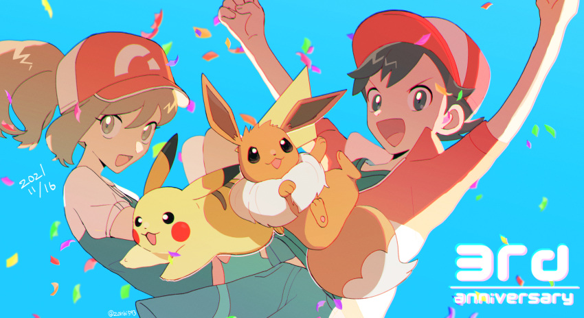 1boy 1girl :d anniversary arms_up bangs baseball_cap black_hair blue_background chase_(pokemon) commentary_request confetti dated eevee elaine_(pokemon) eyelashes hat looking_at_viewer open_mouth pikachu pokemon pokemon_(creature) pokemon_(game) pokemon_lgpe red_headwear shirt short_hair short_sleeves shorts simple_background smile tongue white_shirt zonbi4771