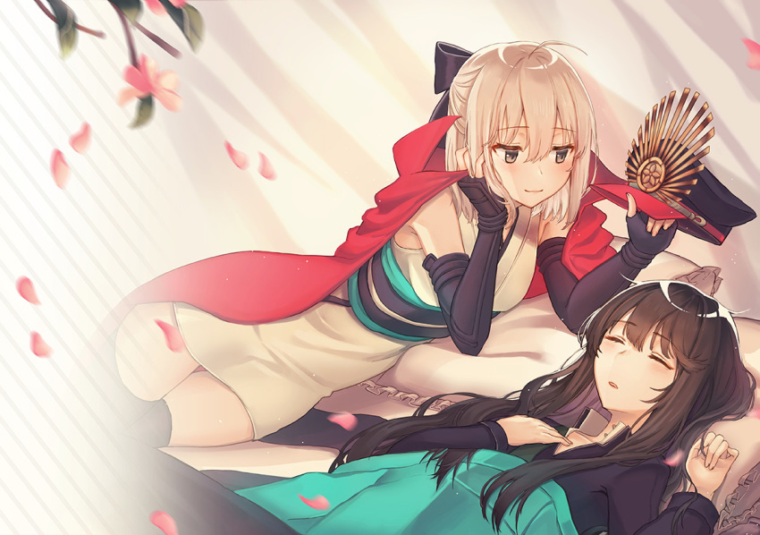 2girls ahoge arm_guards black_hair blonde_hair bow cherry_blossoms cloak elbow_gloves fate/grand_order fate_(series) fingerless_gloves gloves hair_bow hat japanese_clothes light_blush long_hair looking_at_another lying medium_hair military_hat multiple_girls oda_nobunaga_(fate) okita_souji_(fate) okita_souji_(fate)_(all) on_back on_side petals pillow ran9u sleeping smile thighhighs yuri