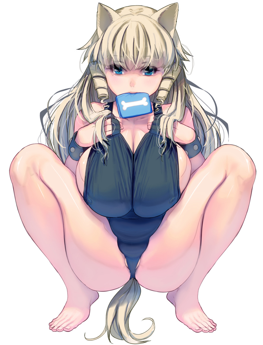 1girl animal_ears ass bangs barefoot blonde_hair blue_eyes breasts cleavage covered_navel drill_hair erect_nipples highres large_breasts long_hair masao one-piece_swimsuit original school_swimsuit simple_background solo spread_legs squatting swimsuit tail tiptoes white_background wristband