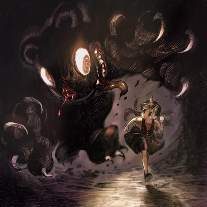 1girl child claws crying crying_with_eyes_open glowing glowing_eyes highres monster running skirt tears teeth tongue tongue_out