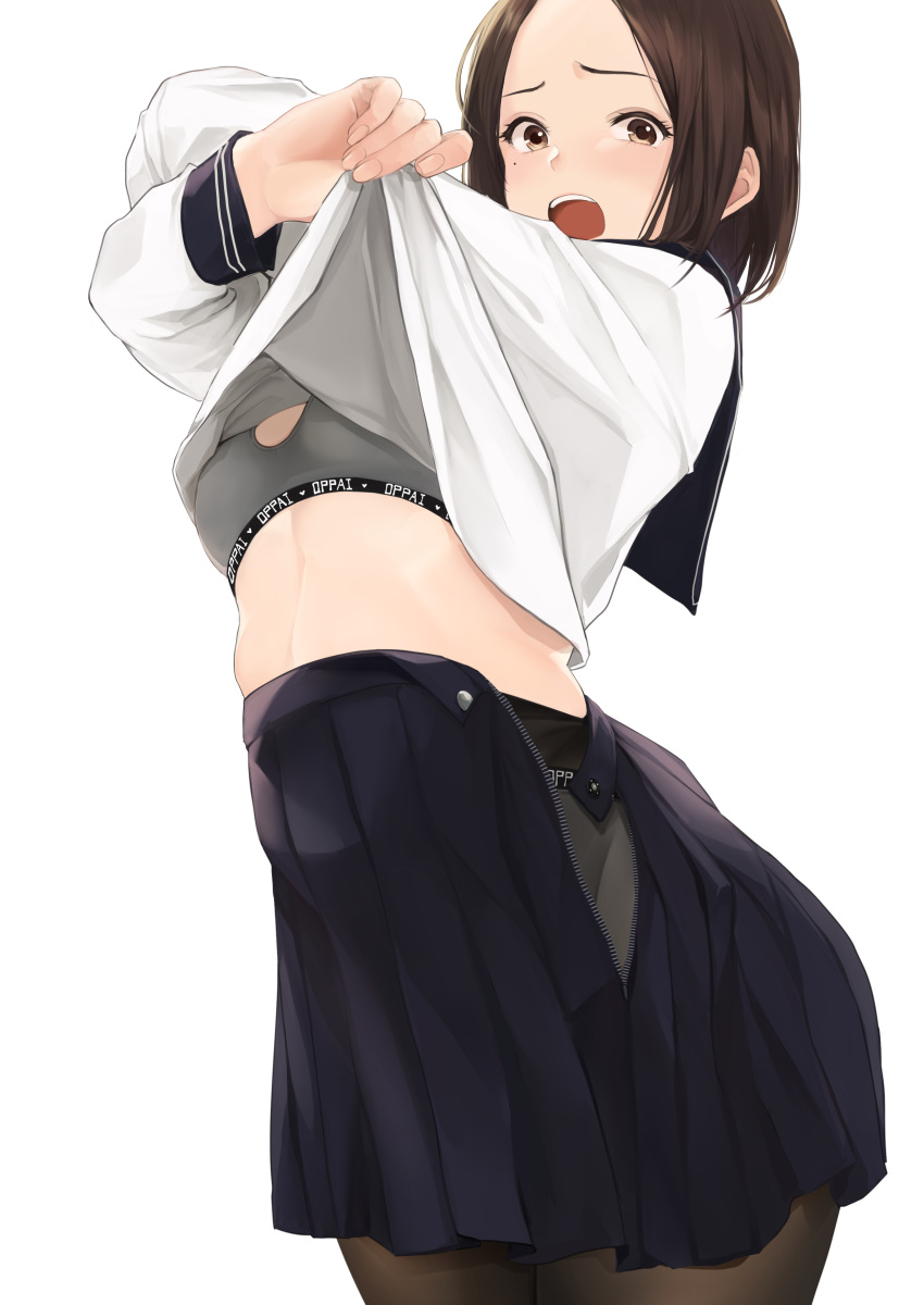 1girl absurdres akito_(d30n26) blue_skirt blush brown_hair commentary cowboy_shot highres looking_at_viewer mole mole_under_eye open_clothes open_mouth open_skirt original pantyhose pleated_skirt school_uniform serafuku shirt_lift short_hair simple_background skirt solo sports_bra standing stomach underwear undressing white_background