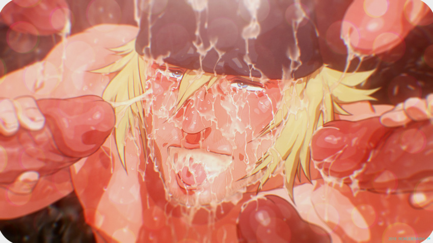 ahegao bara blonde_hair blue_eyes blush bukkake cum cum_in_mouth cum_on_body drooling erection facial facial_hair fellatio final_fantasy final_fantasy_i final_fantasy_xiii handjob hat highres male_focus muscle naughty_face open_mouth oral pecs penis penis_grab rokudenashi saliva smile snow_villiers sweat tongue yaoi