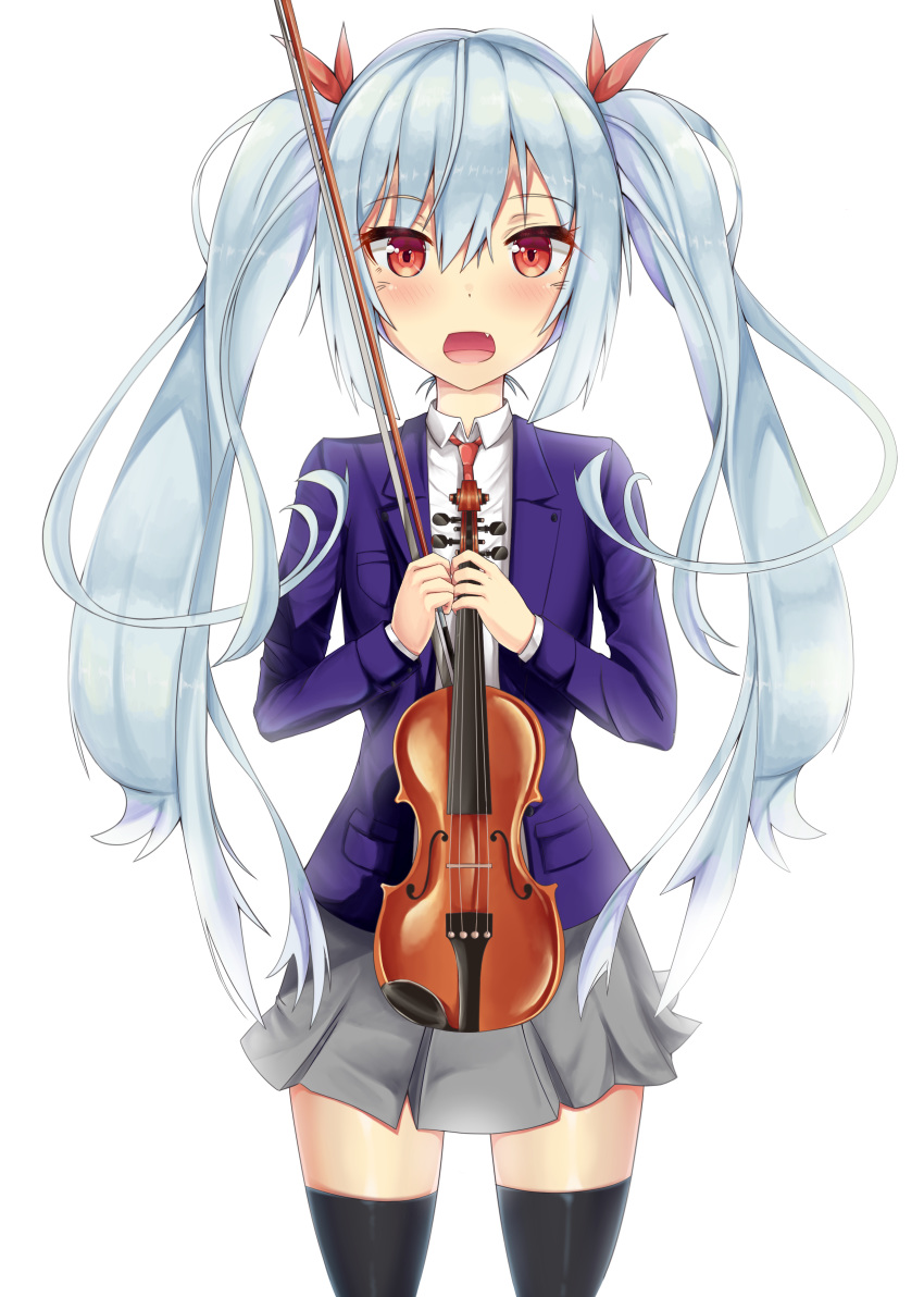 1girl absurdres blazer blush bow fang grey_skirt hair_bow highres instrument jacket kaptivate light_blue_hair long_hair long_sleeves looking_at_viewer necktie open_mouth original red_bow red_eyes red_neckwear skirt solo standing thighhighs twintails uniform very_long_hair violin