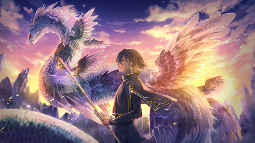 1boy black_cape black_hair cape cloud dark_skin dark_skinned_male dragon earrings gold_trim green_eyes hair_between_eyes holding holding_staff jewelry long_sleeves male_focus outdoors pixiv_fantasia pixiv_fantasia_last_saga profile ring staff standing tierra818 twilight