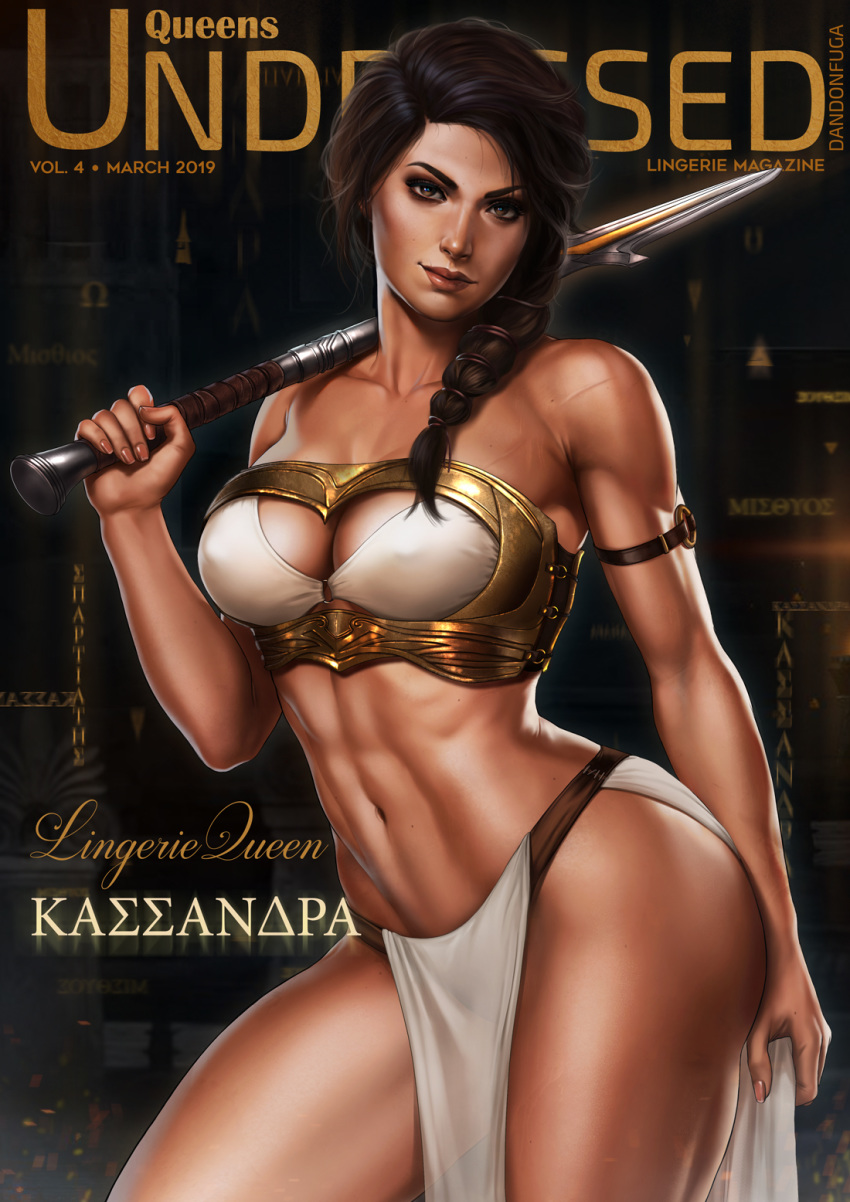 1girl 2019 armlet assassin's_creed:_odyssey assassin's_creed_(series) bandeau bare_shoulders black_hair braid breasts brown_eyes character_name cleavage cleavage_cutout collarbone commentary contrapposto cover dandon_fuga english_commentary erect_nipples eyeshadow fake_cover greek_text hair_over_shoulder highres holding holding_weapon kassandra_of_sparta lips long_braid looking_at_viewer magazine_cover makeup march medium_breasts medium_hair navel nose o-ring pelvic_curtain pinup realistic scar single_braid solo standing stomach sword thick_eyebrows thighs toned weapon