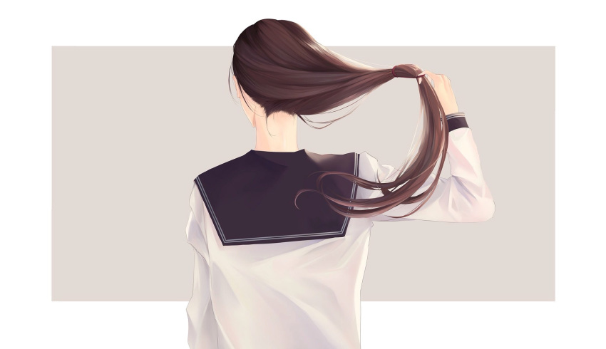 1girl akito_(d30n26) back brown_hair commentary_request facing_away from_behind hair_tie highres long_hair long_sleeves nape original ponytail sailor_collar school_uniform serafuku shirt simple_background solo upper_body white_shirt