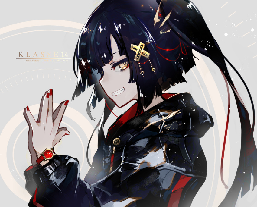 1girl bangs blue_hair blush bob_cut eyebrows_visible_through_hair gold grin hair_ornament hands_together highres jacket klasse14 kusakanmuri long_hair looking_at_viewer nail_polish original red_nails side_ponytail sidelocks smile solo upper_body watch wristwatch yellow_eyes