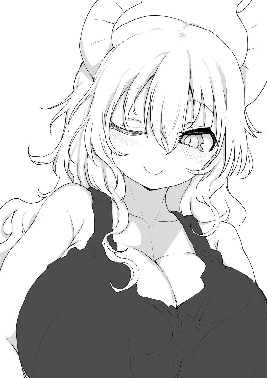 1girl ;) absurdres bangs bare_arms bare_shoulders blush breasts cleavage closed_mouth collarbone colored_eyelashes cool-kyou_shinja curly_hair disconnected_mouth dragon_girl dragon_horns eyebrows_visible_through_hair greyscale hair_between_eyes half-closed_eye highres horns huge_breasts kobayashi-san_chi_no_maidragon long_hair looking_at_viewer mature monochrome no_bra one_eye_closed parted_hair quetzalcoatl_(maidragon) raised_eyebrows simple_background sketch_eyebrows slit_pupils smile solo tank_top upper_body white_background wrinkled_skin wrinkles