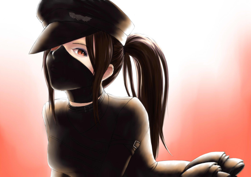 1girl bigkaking38 black_hair black_headwear black_jacket black_mask_(clothing) breasts commentary_request covered_mouth eyelashes face face_mask hat jacket looking_at_viewer mask medium_breasts original ponytail red_eyes simple_background skirt slit_pupils solo two-tone_background