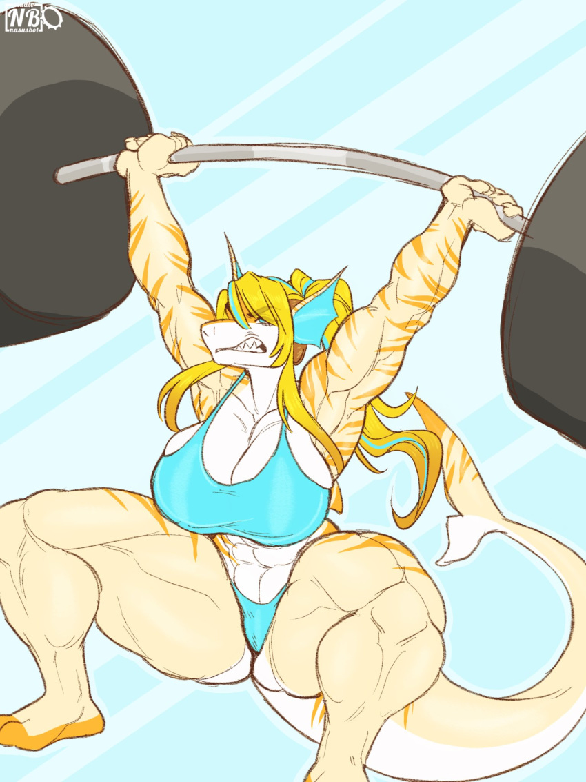 anthro big_breasts breasts camel_toe clothed clothing crouching exercise female fish hair marine muscular muscular_female nasusbot sasha_sweets shark solo thick_thighs weightlifting workout