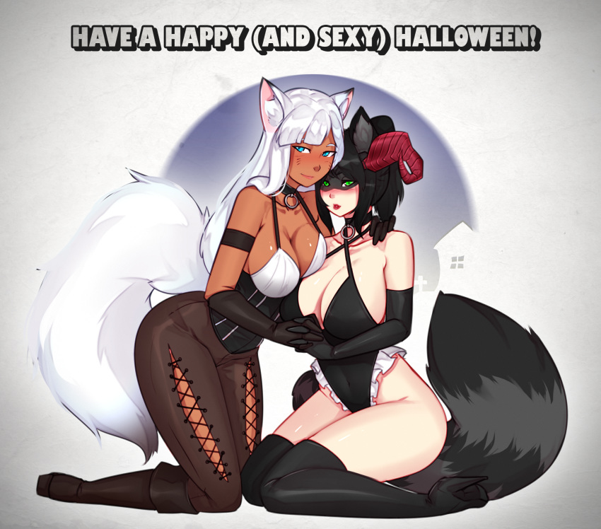 animal_humanoid arctic_fox arctix_(talaniss) bandit_(cathare) blue_eyes breast_squish breasts bunny_and_fox_world canid canid_humanoid canine canine_humanoid cleavage clothed clothing costume duo female female/female fox fox_humanoid fur green_eyes hair halloween hand_holding hi_res holidays humanoid mammal markings procyonid procyonid_humanoid raccoon raccoon_humanoid rush_(artist) skimpy whisker_markings