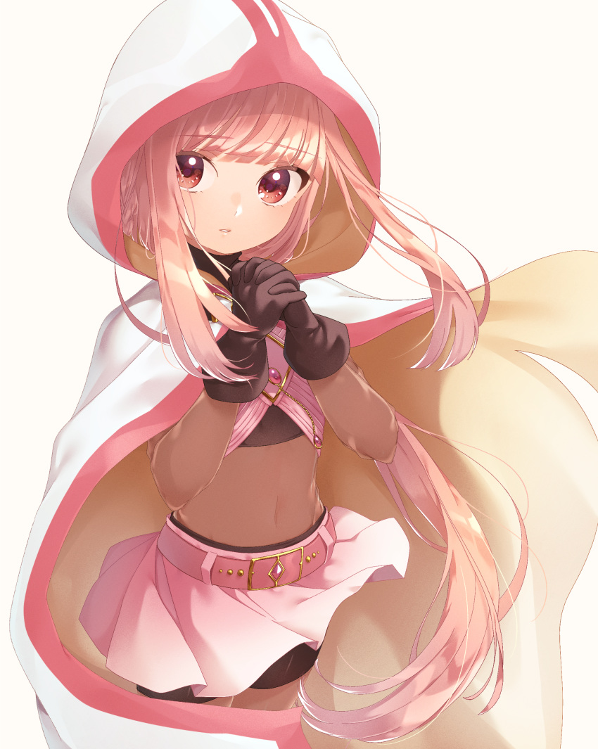 1girl absurdres belt bike_shorts black_gloves bodysuit cloak gem gloves hands_clasped highres hime_cut hood hooded_cloak long_hair looking_at_viewer magia_record:_mahou_shoujo_madoka_magica_gaiden mahou_shoujo_madoka_magica navel own_hands_together pink_hair ponytail red_eyes shorts shorts_under_skirt simple_background solo soul_gem tamaki_iroha white_background yupiteru