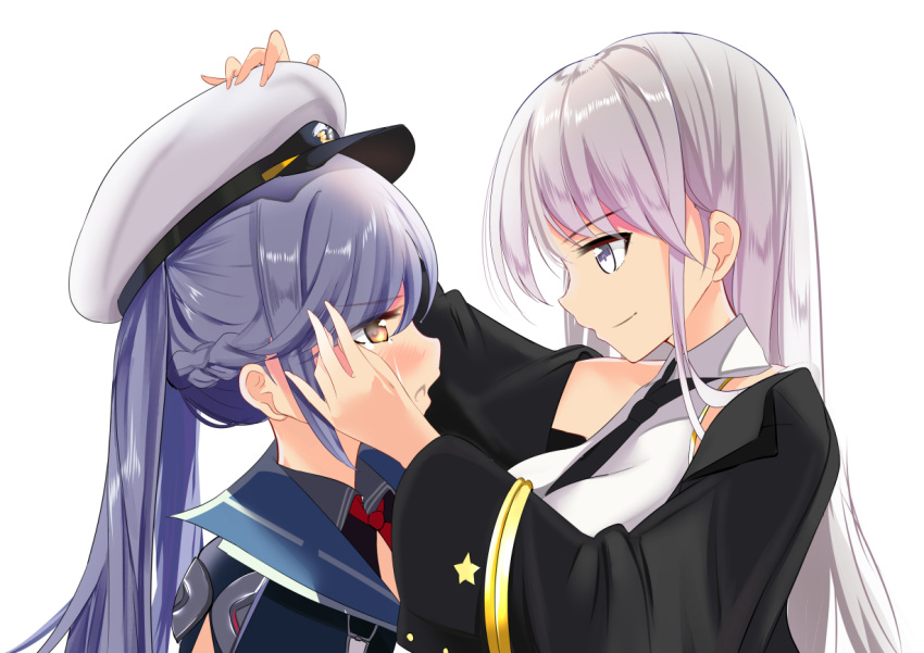 2girls azur_lane bangs black_coat black_neckwear blue_hair blush breasts coat collared_shirt commentary_request crying crying_with_eyes_open dressing_another enterprise_(azur_lane) essex_(azur_lane) eye_contact eyebrows_visible_through_hair hair_between_eyes hand_on_another's_face hat long_hair looking_at_another multiple_girls necktie red_neckwear schreibe_shura shirt simple_background smile star tears twintails white_background white_hair white_shirt yellow_eyes