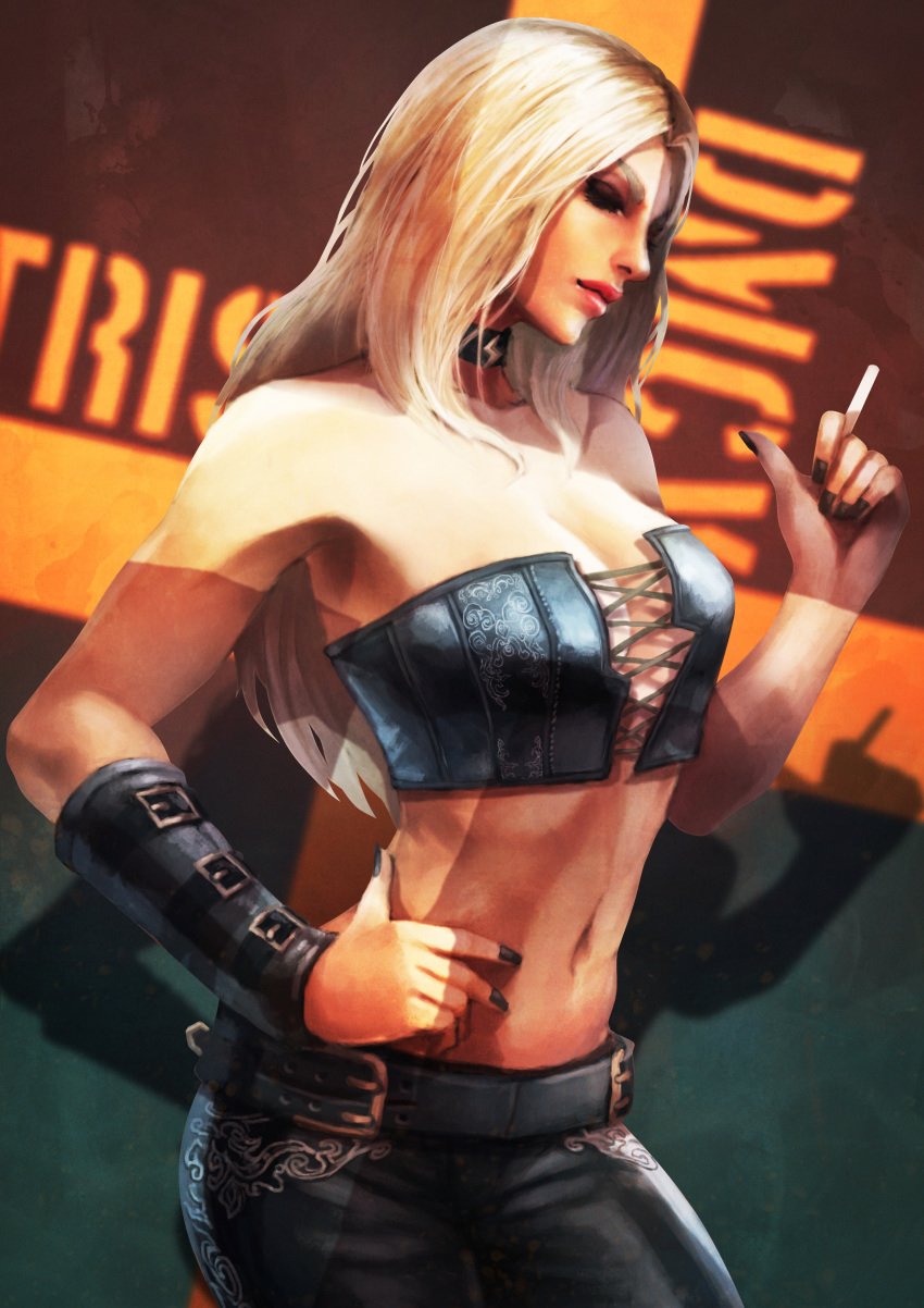 1girl absurdres bare_shoulders belt black_nails black_pants blonde_hair breasts character_name choker cigarette devil_may_cry devil_may_cry_5 hand_on_hip highres long_hair looking_at_viewer monori_rogue nail_polish navel pants smoke solo standing stomach strapless trish_(devil_may_cry) tubetop upper_body