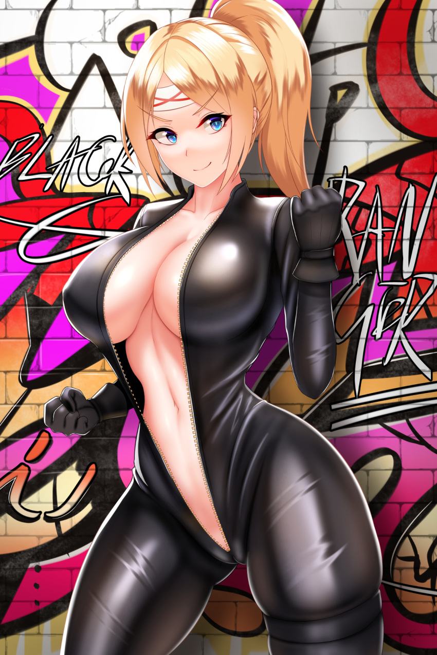 &gt;:) 1girl bangs black_bodysuit black_gloves blonde_hair blue_eyes bodysuit breasts brick_wall cameltoe cleavage clenched_hands closed_mouth contrapposto cowboy_shot damao_yu eyebrows_visible_through_hair fighting_stance gloves gluteal_fold graffiti headband highres impossible_bodysuit impossible_clothes large_breasts long_hair looking_at_viewer navel open_clothes original parted_bangs ponytail sidelocks skin_tight skindentation smile smug solo thigh_strap unzipped v-shaped_eyebrows