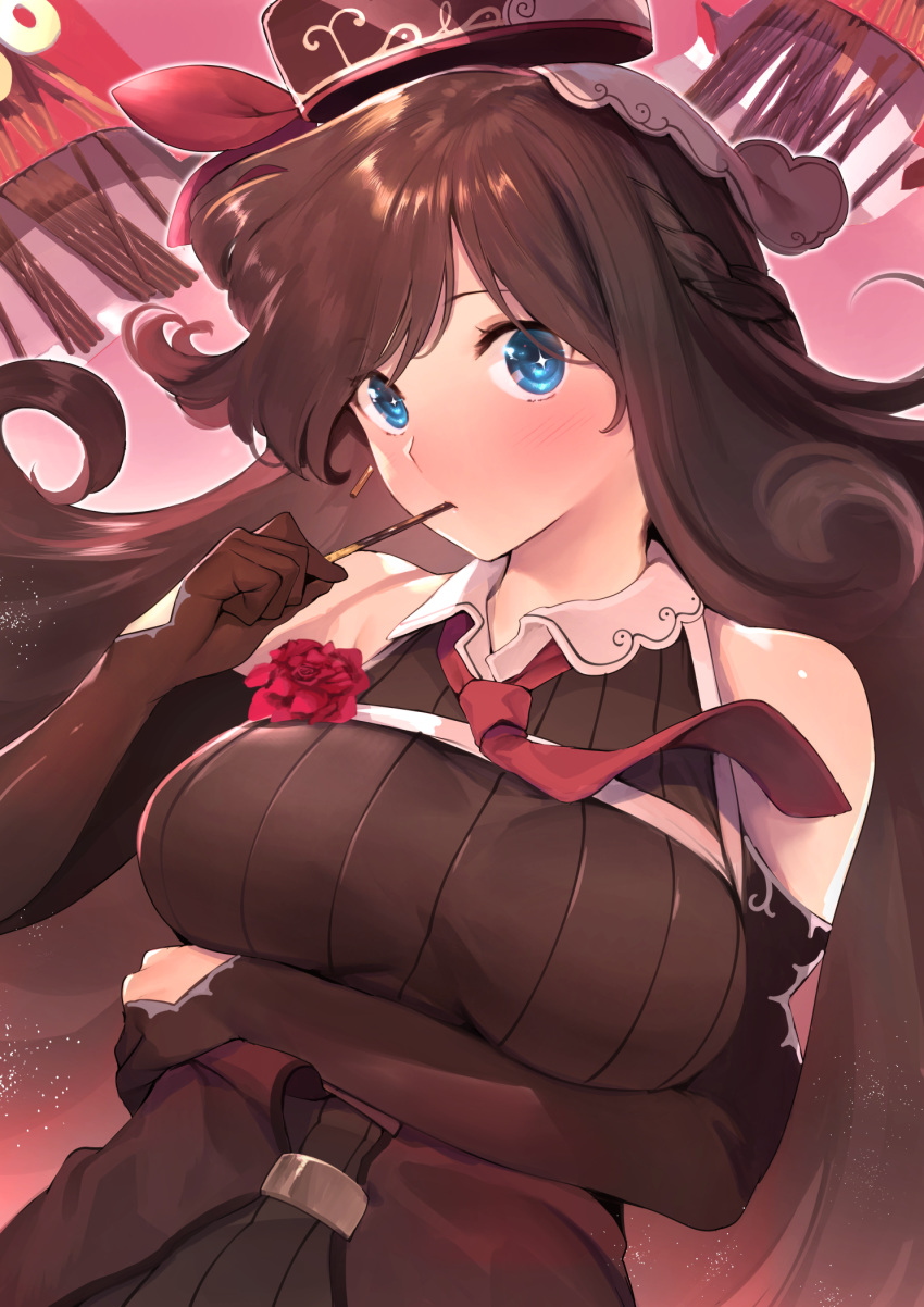 1girl arm_across_waist bangs bare_shoulders blue_eyes blush breasts brown_dress brown_gloves dress eating elbow_gloves flower food furukawa_itsuse gloves head_tilt highres holding holding_food large_breasts long_hair looking_at_viewer necktie original pink_background pocky purple_hair purple_headwear red_flower red_neckwear simple_background sleeveless sleeveless_dress solo sparkling_eyes swept_bangs upper_body