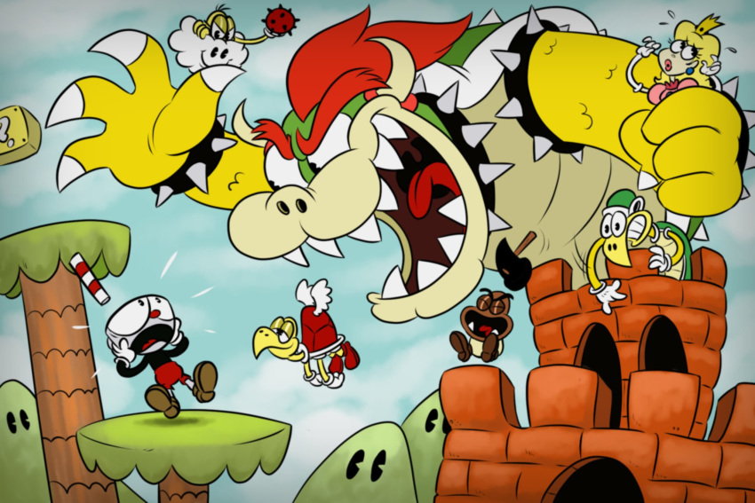 ambiguous_gender animate_inanimate anthro beapeabear bowser castle claws clothed clothing cloud crossover cup cuphead_(character) cuphead_(game) dress eyes_closed female footwear gloves goomba hammer_bro hammer_brothers hi_res hill horn human king koopa koopa_paratroopa koopa_troopa lakito laugh looking_down male mammal mario_bros nintendo object_head open_mouth outside princess princess_peach reptile royalty scalie sharp_claws sharp_teeth shell shoes shorts size_difference smile spikes straw teeth tongue turtle uvula video_games wings