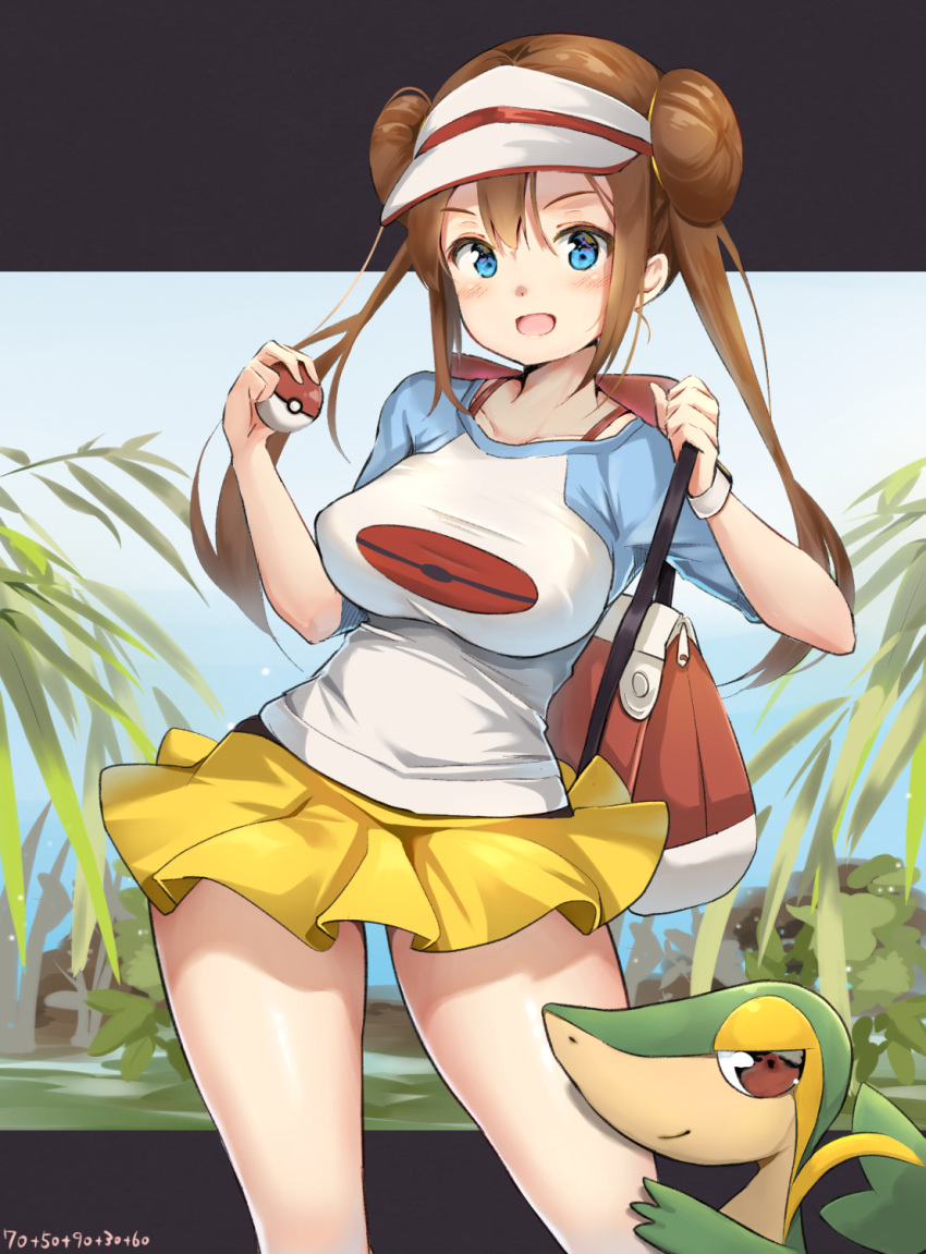 1girl :d aymusk bag bangs blue_shirt blush bra_strap breasts closed_mouth contrapposto creatures_(company) dress game_freak gen_5_pokemon highres holding holding_poke_ball impossible_clothes impossible_shirt large_breasts long_hair looking_at_viewer mei_(pokemon) miniskirt nintendo no_legwear open_mouth outside_border plant pleated_skirt poke_ball poke_ball_(generic) poke_ball_print pokemon pokemon_(creature) pokemon_(game) pokemon_bw2 print_shirt raglan_sleeves red_eyes shirt short_sleeves shoulder_bag sidelocks skirt smile smug snivy standing tareme twintails visor_cap white_headwear white_shirt yellow_skirt