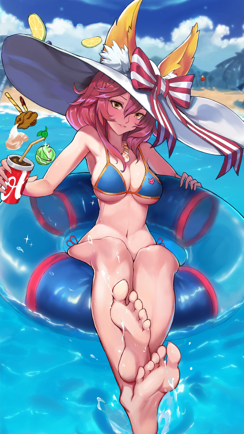 1girl absurdres animal_ears barefoot beach blush breasts cleavage cup day fate/grand_order fate_(series) fox_ears fox_tail highres holding holding_cup innertube large_breasts long_hair looking_at_viewer navel outdoors pink_hair reclining smile soles solo stomach swimsuit tail tamamo_(fate)_(all) tamamo_no_mae_(fate) wet wuguno_ziran_juan yellow_eyes