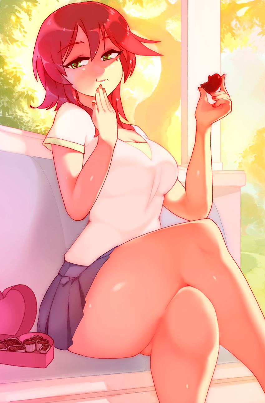 1girl :t absurdres box chocolate chocolate_heart commentary day eating eba_rin english_commentary eyebrows_visible_through_hair food green_eyes hand_to_own_mouth heart heart-shaped_box highres kimi_no_iru_machi legs_crossed looking_at_viewer medium_hair outdoors red_hair rtil shirt short_sleeves sitting skirt smile solo sweets white_shirt