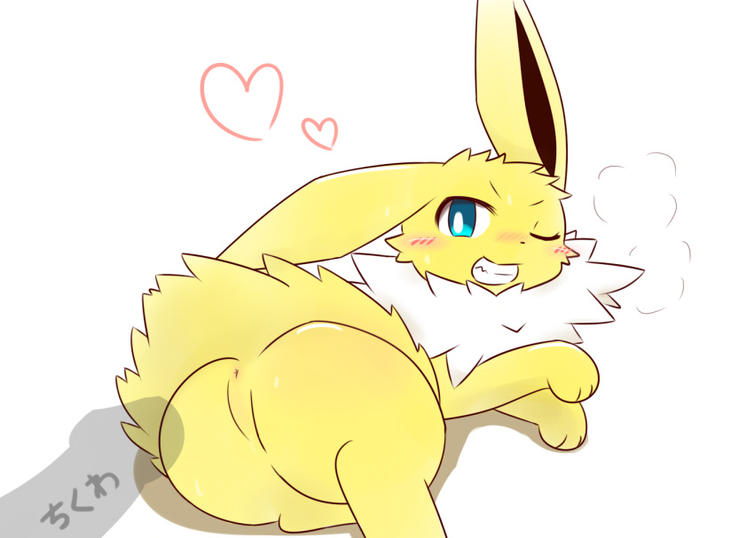 &lt;3 3_toes ambiguous_gender anus blue_eyes butt canid canine chest_tuft eeveelution feral fur grin huff jolteon long_ears looking_back mammal nintendo one_ear_down one_eye_closed penis pok&eacute;mon pok&eacute;mon_(species) shadow smile snout toes tsurikichiyuyu tuft video_games white_fur yellow_fur