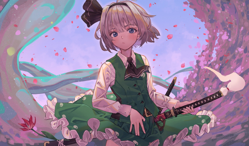 1girl ascot belt belt_buckle black_hairband black_neckwear black_ribbon blue_eyes blue_sky blush bob_cut bow buckle closed_mouth collared_shirt cowboy_shot day flower frilled_skirt frills green_skirt green_vest grey_hair hair_bow hairband hand_on_sword konpaku_youmu konpaku_youmu_(ghost) long_sleeves looking_at_viewer maachi_(fsam4547) outdoors petals red_flower ribbon sheath sheathed shirt short_hair skirt sky solo spring_(season) touhou vest white_shirt wind