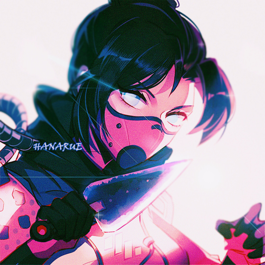 1girl apex_legends artist_name black_hair blue_eyes bodysuit breasts commentary eyelashes glint gloves hair_bun hands_up highres holding holding_knife holding_weapon knife kunai mask ninja road_233 scarf short_hair solo upper_body weapon wraith_(apex_legends)