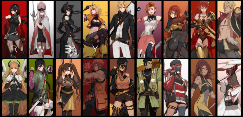 5boys 6+girls ahoge animal_ears arm_blade armor black_eyes black_gloves black_hair blade blake_belladonna blonde_hair blue_eyes blush boots breasts bright_pupils brown_eyes brown_hair cape cat_ears cloak coco_adel crescent_rose crocea_mors_(rwby) dark_skin dishwasher1910 ember_celica_(rwby) eyebrows_visible_through_hair fighting_stance fingerless_gloves flower fox_alistair gambol_shroud gauntlets gloves gradient_hair green_eyes ground_vehicle heterochromia holding holding_sword holding_weapon huge_weapon jaune_arc jewelry kama_(weapon) katana large_breasts lie_ren long_hair magnhild milo_and_akouo motor_vehicle motorcycle multicolored_hair multiple_boys multiple_girls myrtenaster necklace neo_(rwby) nora_valkyrie over_shoulder penny_polendina pink_eyes pink_hair purple_eyes pyrrha_nikos rapier red_cape red_hair rose ruby_rose rwby scar scar_across_eye scythe short_hair sickle silver_eyes smile stormflower_(rwby) sword sword_over_shoulder tagme two-tone_hair umbrella velvet_scarlatina wavy_hair weapon weapon_over_shoulder weiss_schnee white_eyes white_hair yang_xiao_long yatsuhashi_daichi yellow_eyes