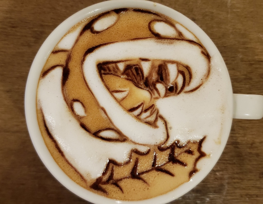 coffee cup drink george_(yamamoto_kazuki) highres latte_art leaf mario_(series) nintendo no_humans photo piranha_plant sharp_teeth super_mario_bros. teeth unconventional_media