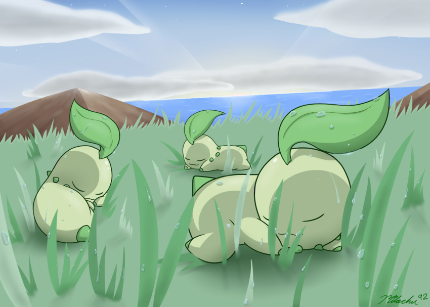 2017 alternate_form ambiguous_gender chikorita dew digital_drawing_(artwork) digital_media_(artwork) eyes_closed feral grass group horizon leaf lying milachu92 mountain nintendo on_front outside pok&eacute;mon pok&eacute;mon_(species) sea signature sky sleeping smile sunrise video_games water