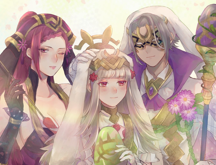 1boy 2girls animal_ears arrow black_gloves breasts brother_and_sister bunny_ears cleavage closed_mouth dark_skin dark_skinned_male easter_egg egg fake_animal_ears fire_emblem fire_emblem_heroes flower gloves grey_hair hair_flower hair_ornament hand_on_another's_head hat hikashi10_nsk holding holding_arrow holding_staff large_breasts loki_(fire_emblem_heroes) mask multiple_girls mysterious_man_(fire_emblem) nintendo one_eye_closed parted_lips purple_eyes purple_hair red_eyes siblings staff veronica_(fire_emblem) white_gloves