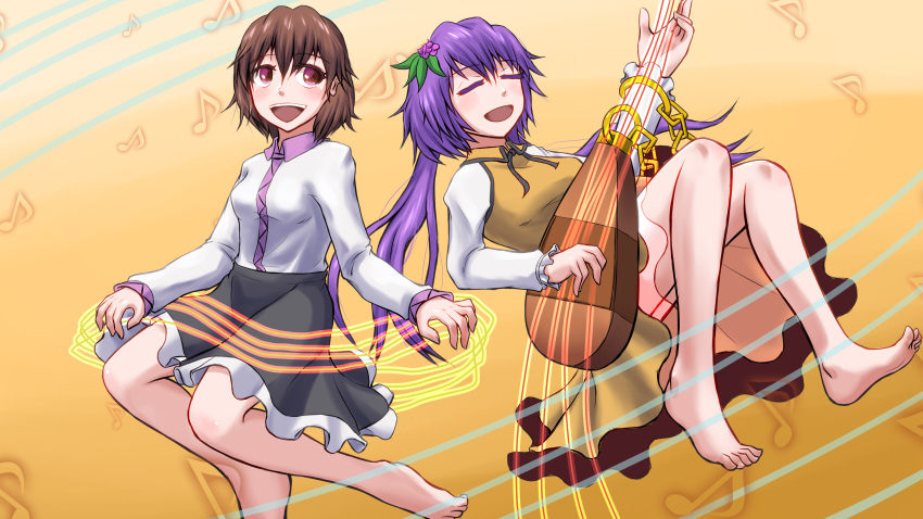 2girls absurdres bare_legs barefoot blush breasts brown_eyes chains eyebrows_visible_through_hair eyes_closed feet frilled frilled_sleeves frills hair_ornament highres instrument long_hair long_ponytail long_sleeves looking_up medium_breasts multiple_girls music musical_note nakamura_append open_mouth playing_instrument ponytail short_hair siblings simple_background sisters smile toes touhou tsukumo_benben tsukumo_yatsuhashi