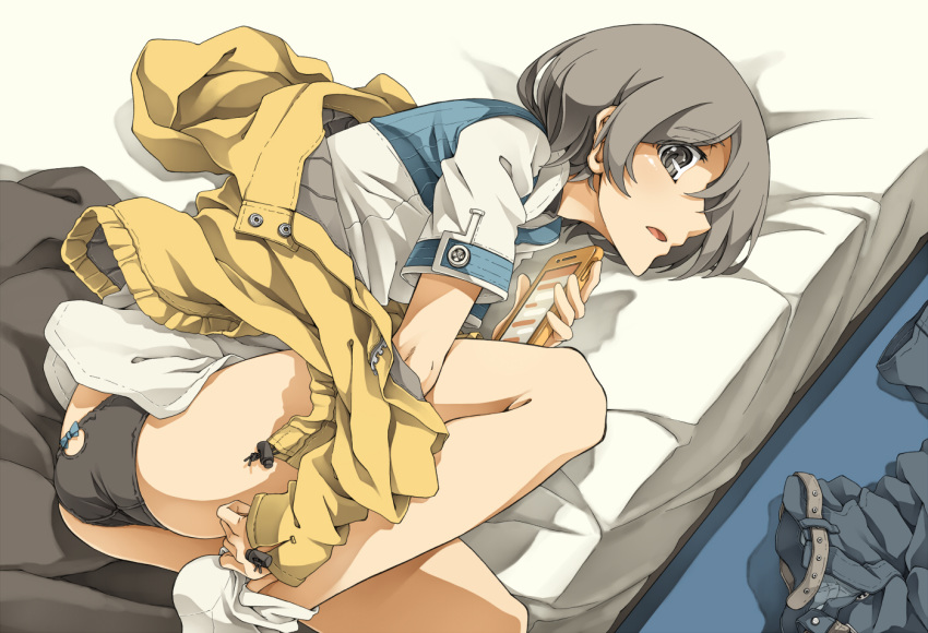 1girl adjusting_clothes adjusting_legwear ass ass_cutout bed black_panties cellphone from_above grey_eyes grey_hair holding holding_phone jacket kasetsu_03 looking_at_viewer lying on_bed on_side open_clothes open_jacket original panties pants pants_removed parted_lips phone shirt short_hair short_sleeves smartphone solo underwear white_legwear white_shirt yellow_jacket