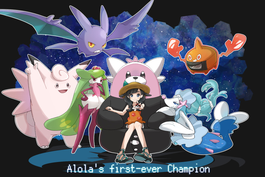 1girl bewear black_background black_hair clefable creature creatures_(company) crobat english_text flying game_freak gen_1_pokemon gen_2_pokemon gen_4_pokemon gen_7_pokemon highres holding holding_poke_ball long_hair looking_at_viewer miu_(miuuu_721) mizuki_(pokemon) nintendo poke_ball poke_ball_(generic) pokemon pokemon_(creature) pokemon_(game) pokemon_trainer pokemon_usum primarina rotom simple_background sitting tsareena