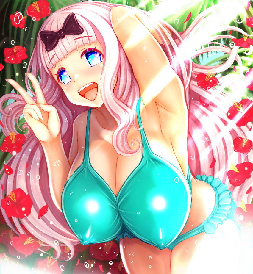 1girl absurdres arched_back arm_up armpits bangs bikini black_ribbon blue_eyes blunt_bangs blush breasts cleavage collarbone erect_nipples eyebrows_visible_through_hair floating_hair flower frilled_bikini frills fujiwara_chika hair_over_shoulder hair_ribbon hand_in_hair hanging_breasts heart heart-shaped_pupils highres huge_breasts kaguya-sama_wa_kokurasetai_~tensai-tachi_no_renai_zunousen~ leaning_forward legs_together long_hair open_mouth pink_hair red_flower ribbon round_teeth smile sunlight swimsuit symbol-shaped_pupils teeth teruru thick_thighs thighs tree v water_drop