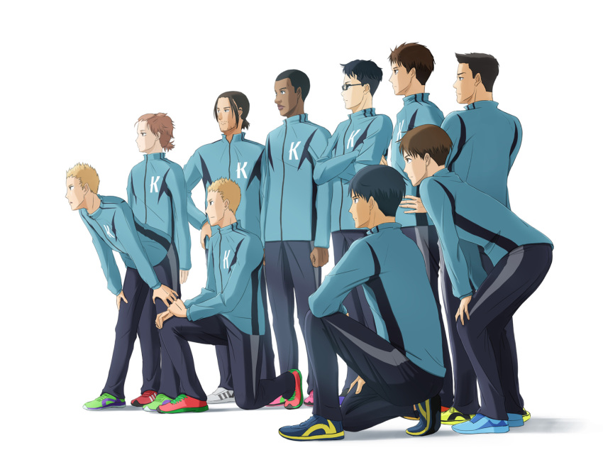 6+boys 7days_a_week akahiro_hirata arm_at_side black-framed_eyewear black_hair black_jacket blonde_hair blue_footwear brown_eyes brown_hair clenched_hand crossed_arms dark_skin dark_skinned_male glasses green_footwear haiji_kiyose hands_on_hips hands_on_legs jacket jou_jirou jou_tarou kamara_musa kashiwazaki_akane kaze_ga_tsuyoku_fuiteiru kneeling kurahara_kakeru leaning_forward long_sleeves multiple_boys pants ponytail red_footwear sakaguchi_youhei shoes short_ponytail simple_background sneakers standing tasaki_genichirou track_jacket track_pants white_background white_footwear yukihiro_iwakura