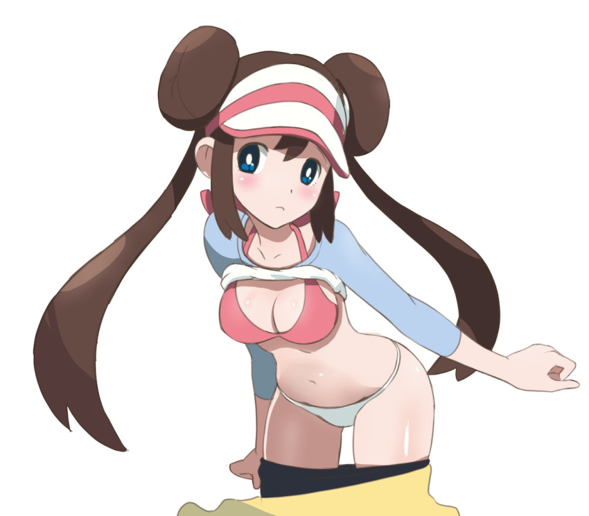 1girl belly blue_eyes breasts brown_hair creatures_(company) double_buns eyebrows game_freak hair_bun long_hair mei_(pokemon) monchi nintendo panties pants pokemon pokemon_(game) pokemon_bw2 shirt simple_background stomach tied_hair twintails underwear undressing visor_cap white_background