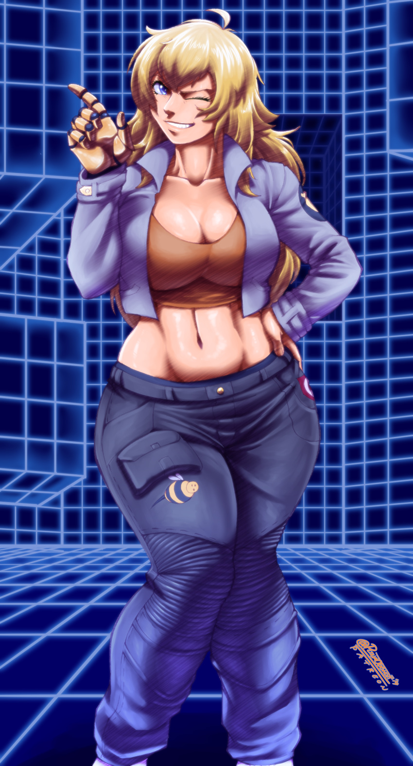 1girl ;d absurdres ahoge blonde_hair breasts capcom_vs_snk_2 cargo_pants cleavage collarbone commentary commission cropped_jacket crossover curvy english_commentary feet_out_of_frame grin groin hand_on_hip highres joe_shimamura large_breasts long_hair midriff navel one_eye_closed open_mouth pants prosthesis prosthetic_arm purple_eyes rwby smile solo sports_bra standing toned training_room yang_xiao_long