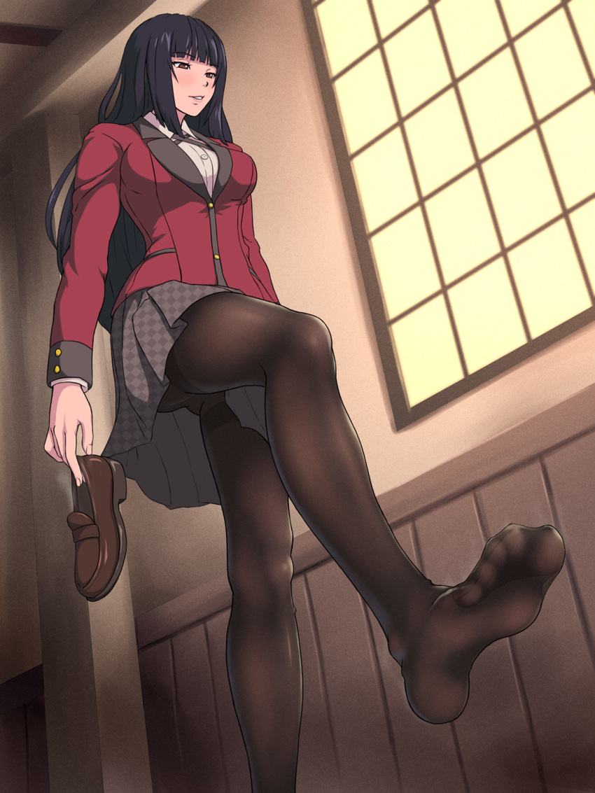 1girl black_hair breasts feet highres jabami_yumeko kakegurui large_breasts long_hair pantyhose shoes soles uniform