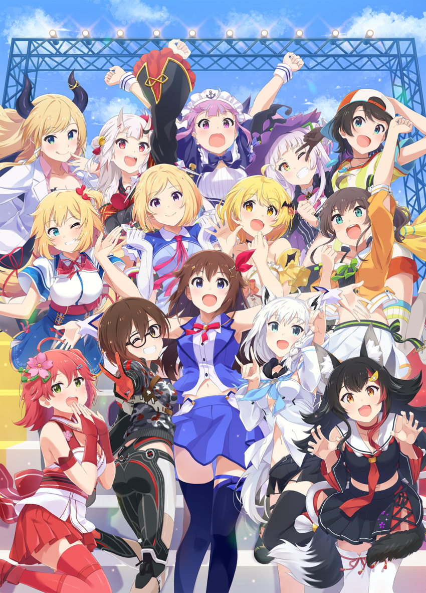 6+girls ahoge akai_haato aki_rosenthal_(character) animal_ears arm_up armpits arms_at_sides arms_up ass black_hair blue_sky breasts brown_hair cleavage collarbone commentary dog_ears elbow_gloves everyone fang fox_ears fox_tail glasses gloves green_eyes hair_ornament hairclip hat highres hololive horns japanese_clothes large_breasts looking_at_viewer minato_aqua multiple_girls murasaki_shion nakiri_ayame narumi_nanami natsuiro_matsuri official_art one_eye_closed ookami_mio oozora_subaru outdoors purple_hair red_eyes red_hair roboco-san sakura_miko shirakami_fubuki short_hair side_ponytail sky sleeveless tail thighhighs tokino_sora v virtual_youtuber white_hair witch_hat wolf_ears wolf_tail yozora_mel yuzuki_choco zettai_ryouiki