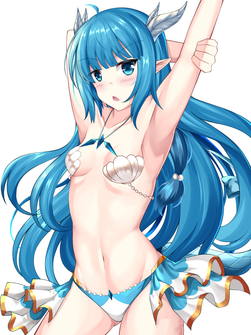 1girl absurdres artist_request bare_shoulders bikini blue_eyes blue_hair blush breasts dragon_girl dragon_horns dragon_tail highres horns king's_raid lilia_(king's_raid) long_hair looking_at_viewer open_mouth pointy_ears seashell seashell_bikini shell shiny shiny_hair shiny_skin showgirl_skirt small_breasts solo swimsuit tail very_long_hair