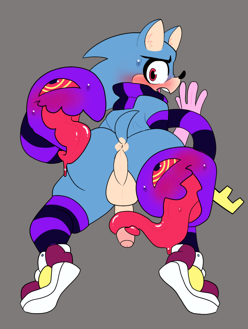 anthro au blush butt clothing footwear gloves legwear male monster penis presenting presenting_hindquarters scarf shoes sonic_(series) stockings sunnyhoneybone sweat thick_thighs tongue