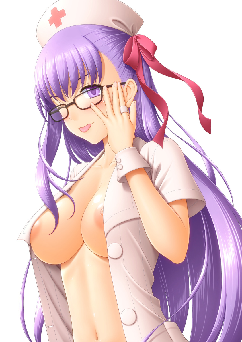 1girl ;p adjusting_clothes adjusting_hat alternate_costume areola_slip areolae bangs bb_(fate)_(all) bb_(fate/extra_ccc) bespectacled black-framed_eyewear blush breasts collarbone eyebrows_visible_through_hair fate/grand_order fate_(series) glasses hair_ribbon hat highres jewelry long_hair medium_breasts navel nipple_slip nipples no_bra nurse nurse_cap one_eye_closed open_clothes pink_ribbon purple_eyes purple_hair red_cross ribbon ring short_sleeves simple_background sin-go smile solo straight_hair tongue tongue_out unbuttoned upper_body white_background wrist_cuffs