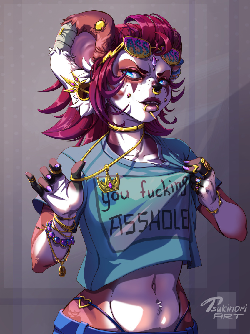 anthro clothed clothing ear_piercing eyewear facial_piercing felid female hi_res jewelry lip_piercing looking_at_viewer mammal midriff necklace nose_piercing piercing smile solo sunglasses tsukinori wide_hips