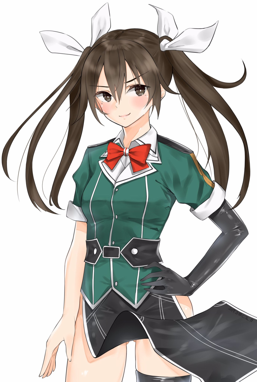 1girl asymmetrical_legwear black_legwear brown_eyes brown_hair c-da cowboy_shot elbow_gloves gloves gluteal_fold hair_between_eyes hair_ribbon hand_on_hip highres kantai_collection long_hair pelvic_curtain remodel_(kantai_collection) ribbon side_slit simple_background single_elbow_glove single_glove single_thighhigh solo thighhighs tone_(kantai_collection) twintails white_background white_ribbon