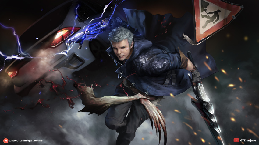 1boy black_gloves blood blue_coat blue_eyes coat commentary devil_breaker devil_may_cry_5 english_commentary fingerless_gloves g-tz gloves grey_pants highres holding holding_sword holding_weapon hood hood_down hooded_coat male_focus mechanical_arm nero_(devil_may_cry) open_clothes open_coat pants prosthesis prosthetic_arm red_queen_(sword) road_sign short_hair sign silver_hair single_glove solo sword very_short_hair weapon
