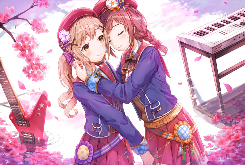 2girls bang_dream! bangs beret blazer blue_jacket blush bow braid breasts brown_eyes brown_hair brown_sweater closed_mouth collared_shirt commentary_request diagonal_stripes electric_guitar eyebrows_visible_through_hair eyes_closed flower guitar hair_bow hair_ornament hat highres huge_breasts ichigaya_arisa instrument jacket keyboard_(instrument) light_brown_hair long_hair lunacle multiple_girls open_blazer open_clothes open_jacket petals pink_flower pleated_skirt purple_bow red_bow red_headwear red_skirt reflection ripples shirt skirt smile standing star striped striped_bow sweater toyama_kasumi tree_branch twintails water white_shirt x_hair_ornament yuri